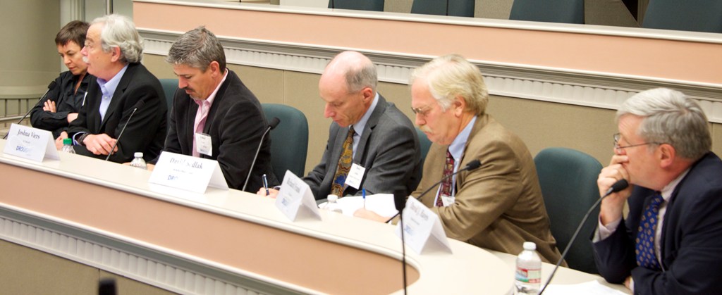 2pm "Endangered species and drought" panel, left to right: Ellen Hanak, PPIC, panel moderator; Peter Moyle, UC Davis; Joshua Viers, UC Merced; David Sedlak, UC Berkeley; Richard Frank, UC Davis; David Hasyes, Stanford University